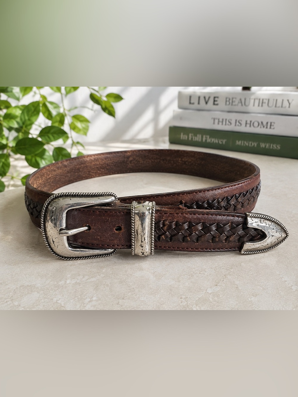 Vintage Tony Lama Brown Leather Braided Western Belt – Size 34 – Silver Buckle